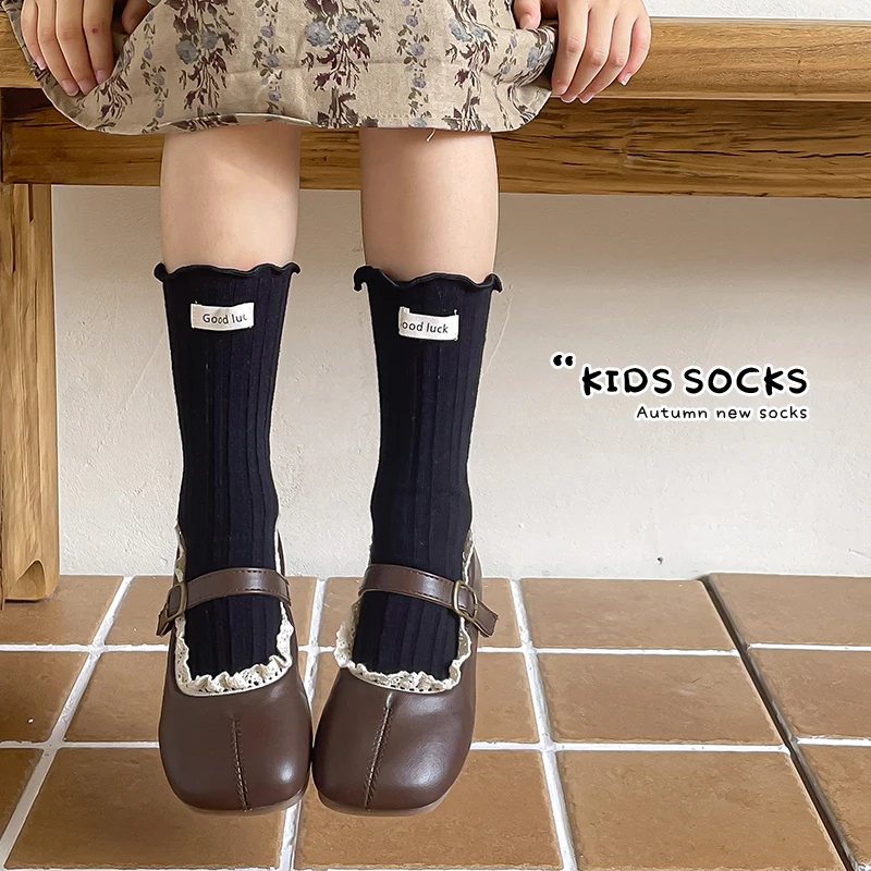 English Fabric Label Decor Long Slouch Socks For Girls Vertical Striped Design With Ruffled Cuffs Soft Stretchy Stackable Socks