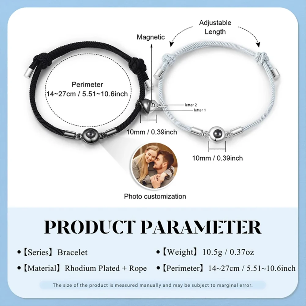 Customizable Couple Photo Projection Bracelets Handmade Woven Rope Adjustable Bracelets Personalized Initial Heart Magnet