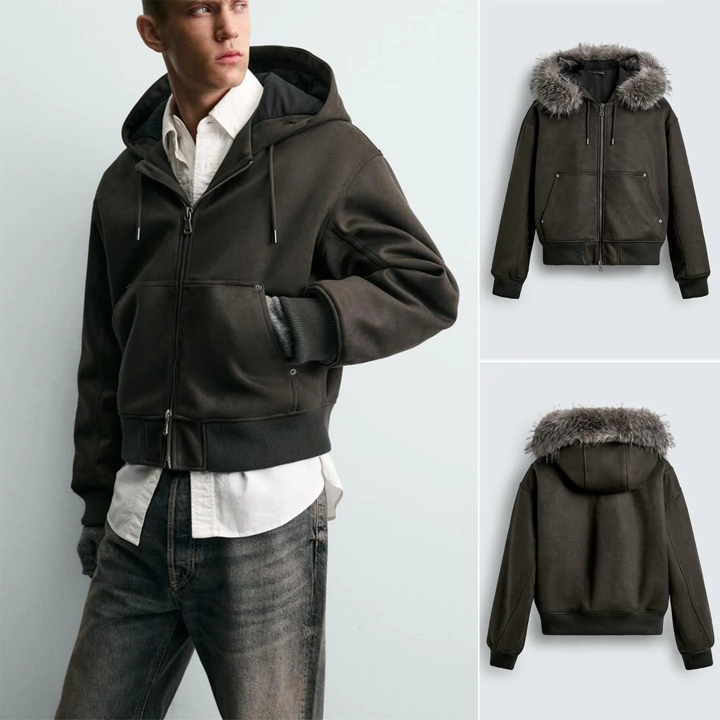 

Winter New Men's Cotton Jaet Hooded Long Sve Faux Suede Effect Detachable Hood Stand Fit Polyester Fiber Youth ort ...