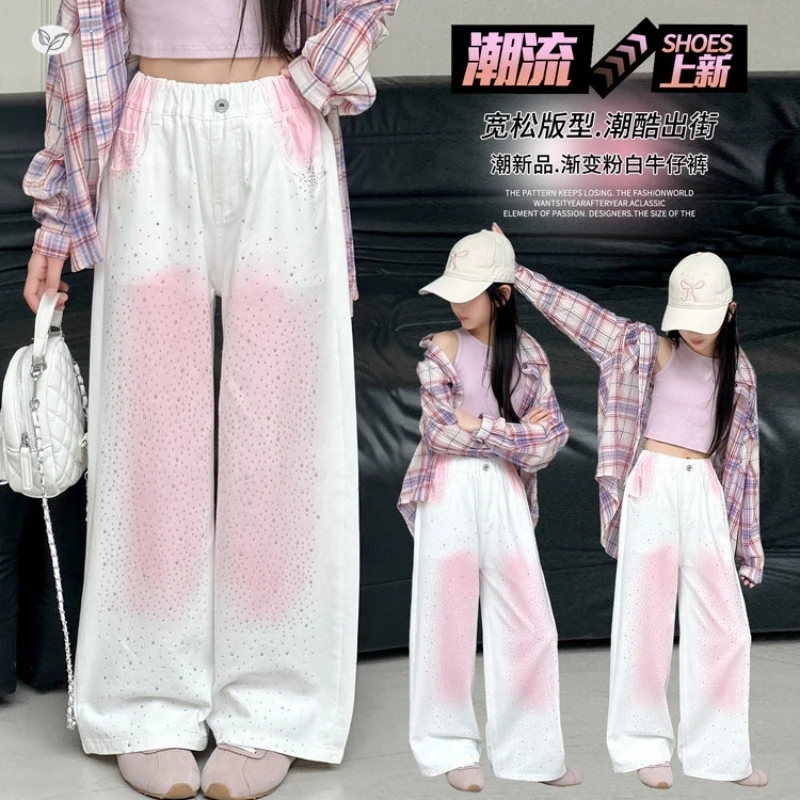 Girls White Rhinestone-embellished Straight-leg Sparkly Jeans Suitable for Wedding Birthday Party Outfits Girls Bling Bling Pant