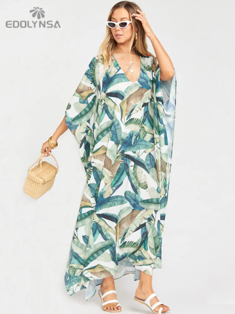 2023 Quick-drying Green Bohemian Leaves Printed V-neck Summer Beach Dress Tunic Women Plus Size Beachwear Maxi Dresses Q930