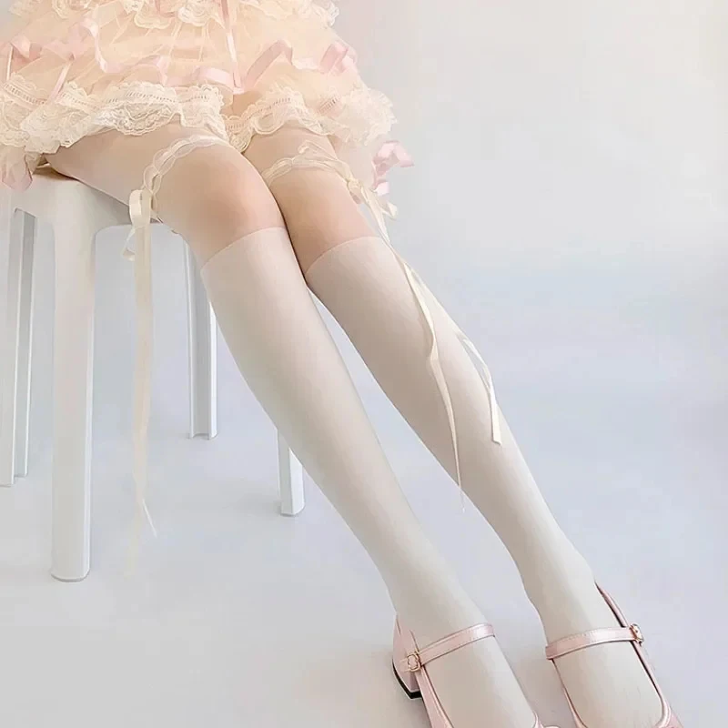 Lolita Cos Sweet Tights Women's Cute Silk Stockings with Bowknot Strapped Lace Splicing Anti-hook Silk Slimming Sheer Pantyhose