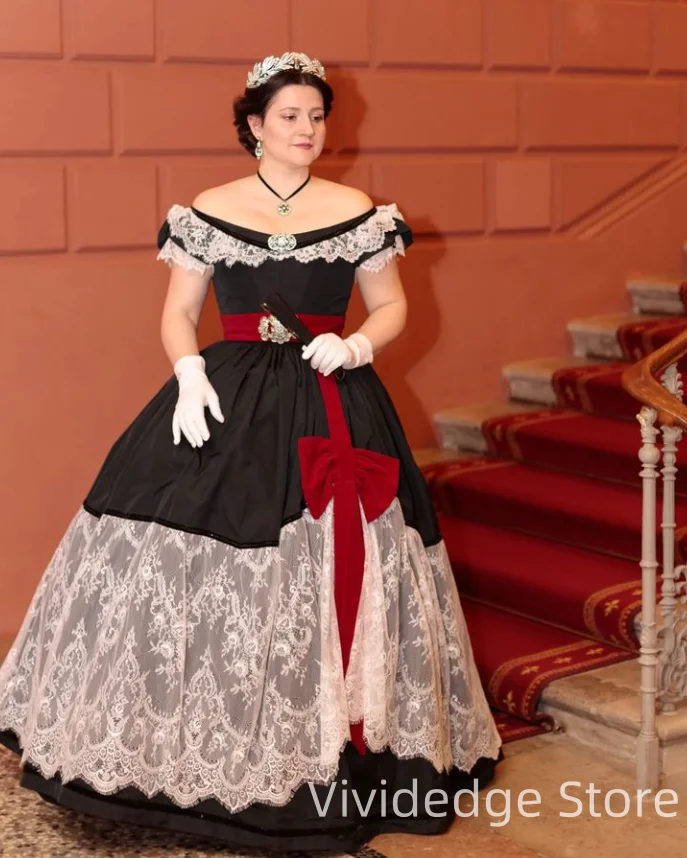 Vestidos de baile de graduación de encaje rojo negro Vintage, elegante traje de Tudor sin tirantes, Vestidos de Noche de duende renacentista Medieval