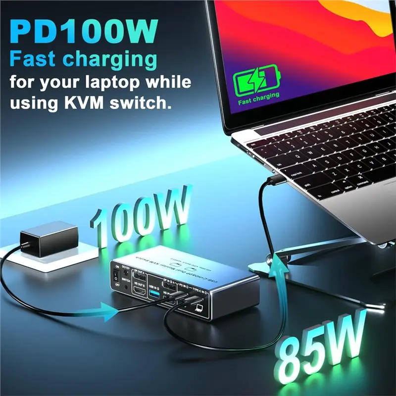 A31T Dual Monitor KVM Switch USB-C for DP 4K 60Hz 2 in 2 Out 8K Compatible Splitter with Remote Control EU Plug