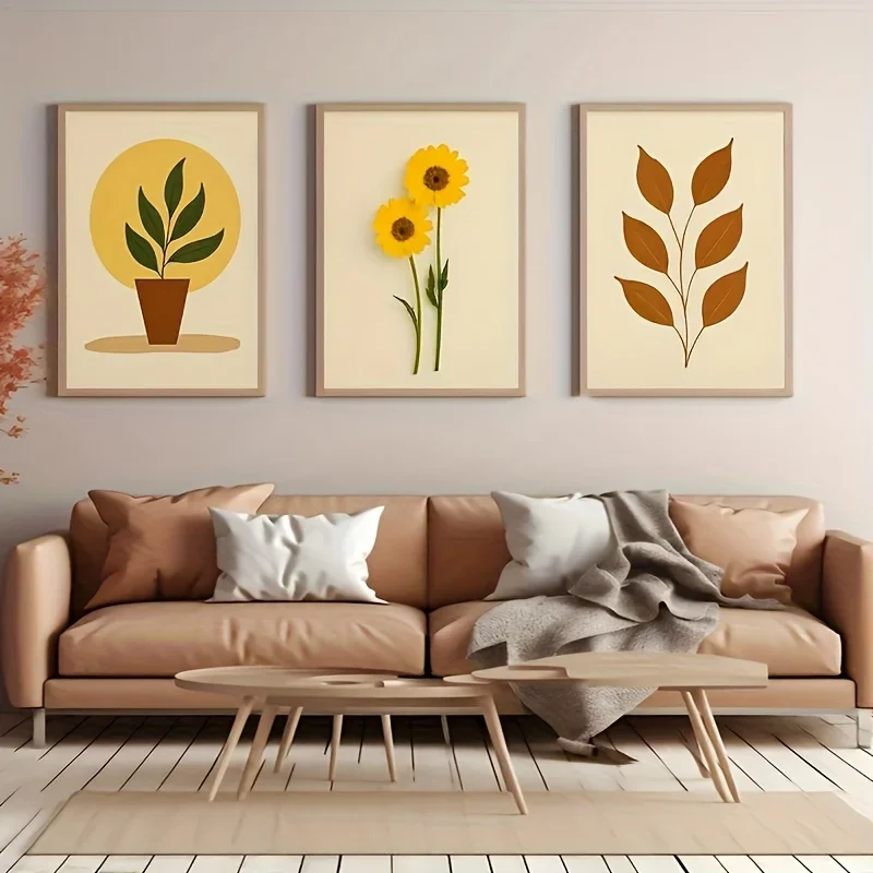3pcs Modern Minimalist Brown & Yellow Floral Wall Art Set - Neutral Botanical Canvas Paintings, Frameless Subtle Flower Print
