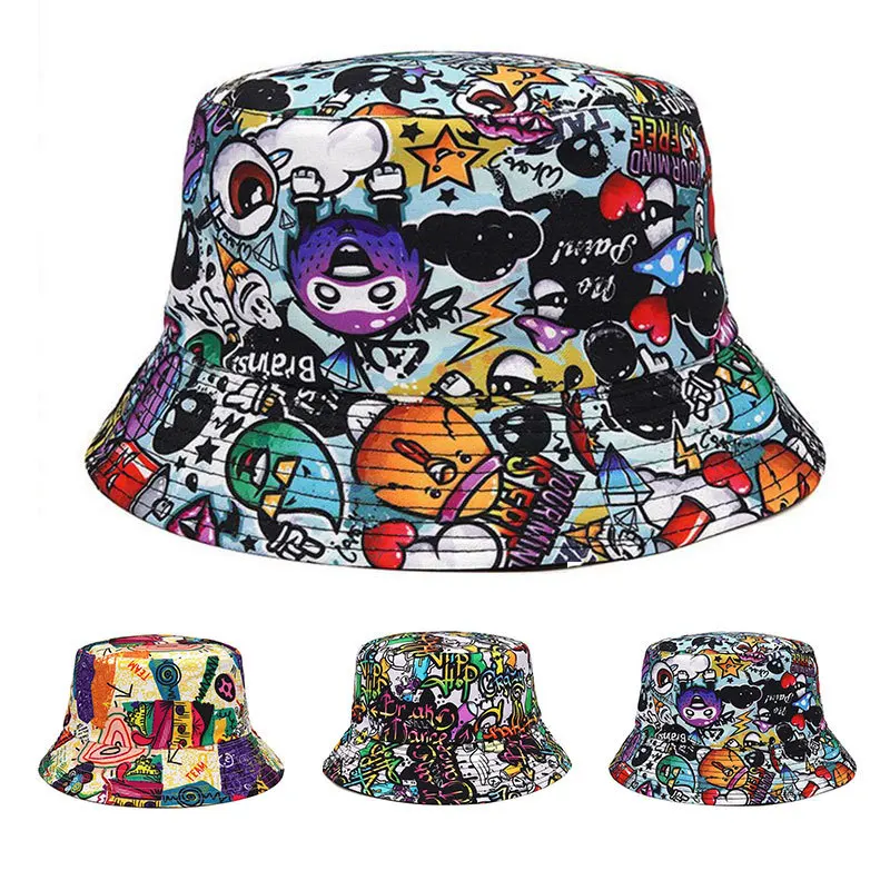 

New personality graffiti double-sided bucket hat for women, colorful printed basin hat sunscreen sun hat