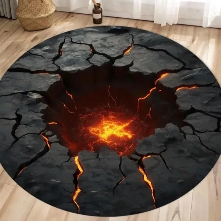 VIKAMA 3D Cracked Lava Pit Round Rug Volcano Optical Illusion Non Slip Gaming Room Creative Floor Decor Mat
