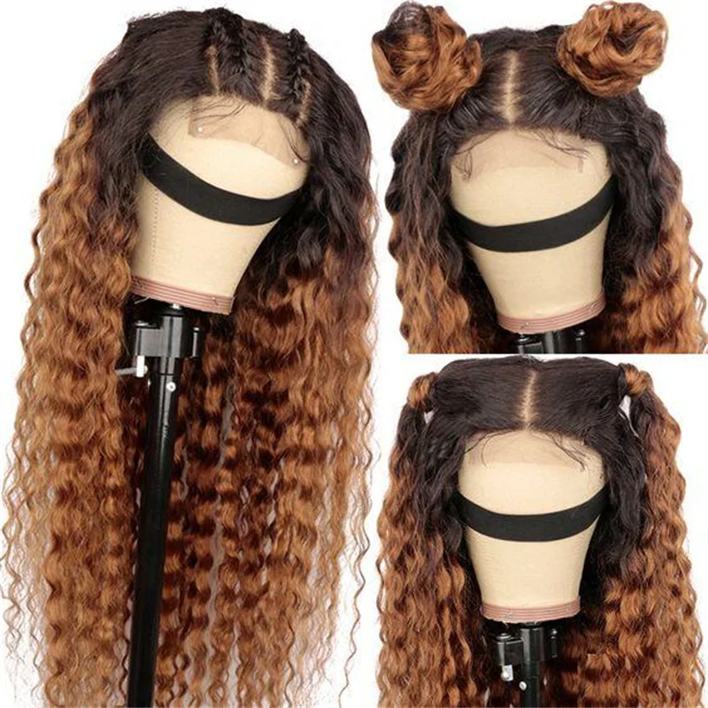 Long Ombre Brown Blonde Preplucked Soft Glueless 24Inch Kinky Curly 180Density Lace Front Wig For Black Women Baby Hair Daily