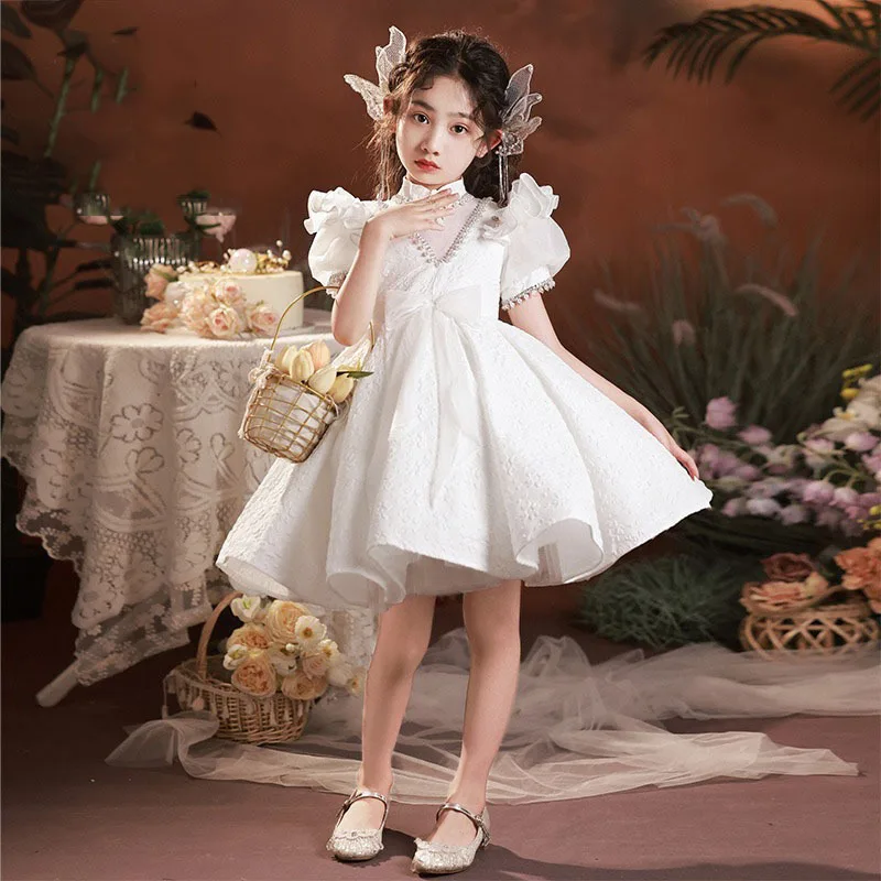 Children Prom Dress Chic Tulle Petal Sleeves Pearl Princess Dresses Kids Girls Party Performance Clothing High Collar Ball Gown