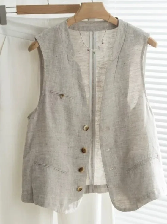 

Women's Summer Thin Cotton Linen Vest V-ne Single-button Closure Regular Length Jaet Faion Ladies Vest