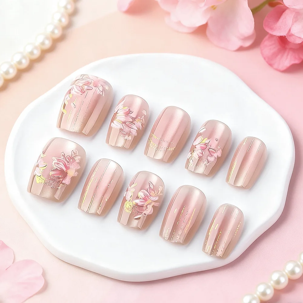 24枚入り ショートスクエアヘッド つけ爪 キャッツアイ 3Dフラワー フェイクネイル シャイニーパウダー 再利用可能 完成品 フルカバー 付け爪チップ