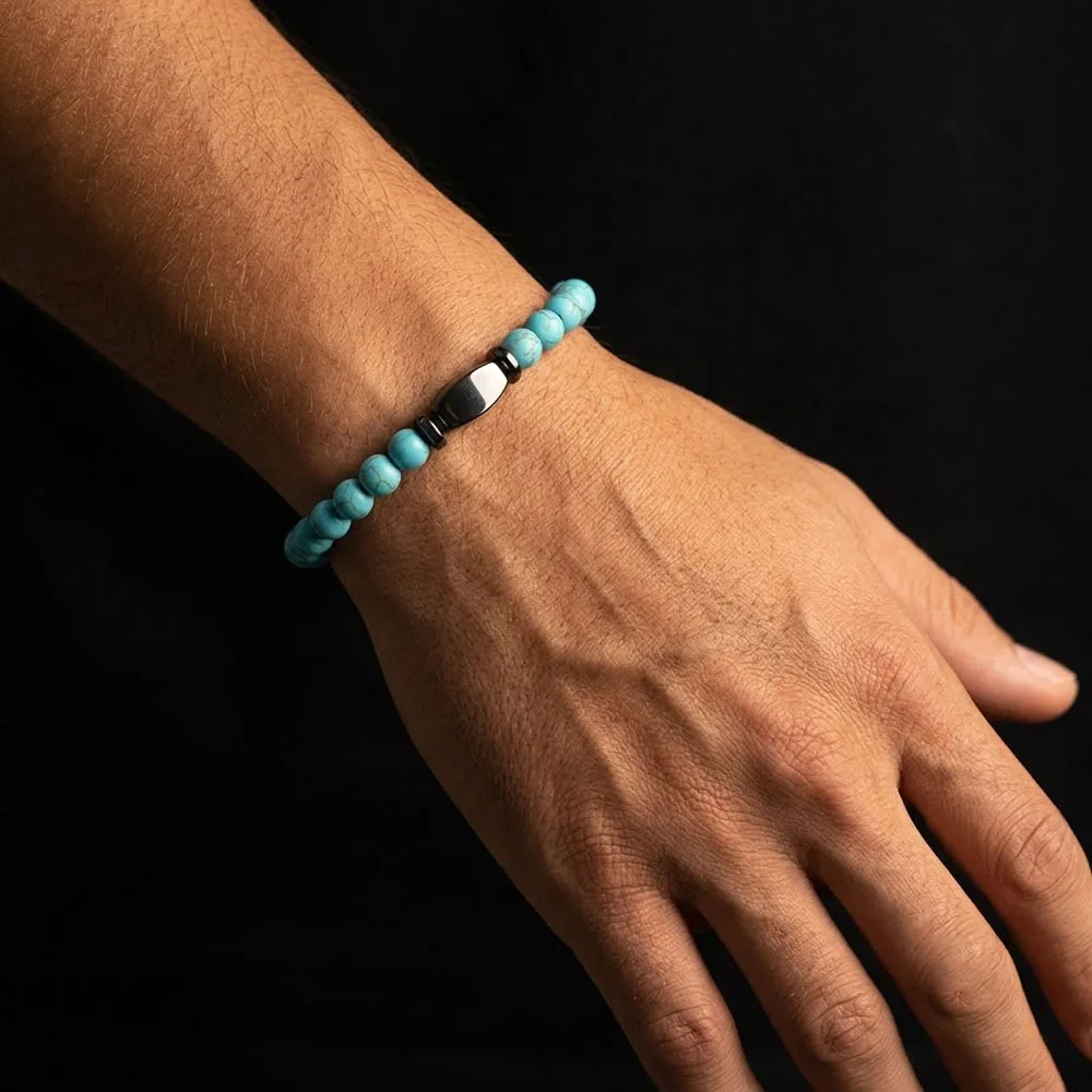 Handmade Black Natural Stone Beads Bracelet Men Hematite Turquoise Beaded Bracelets Jewelry