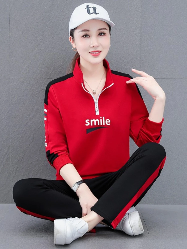 Spring Autumn New Sportswear Suits Fashion Loose Stand Collar Square Dancing Slim Running Casual Wear Women Clothing