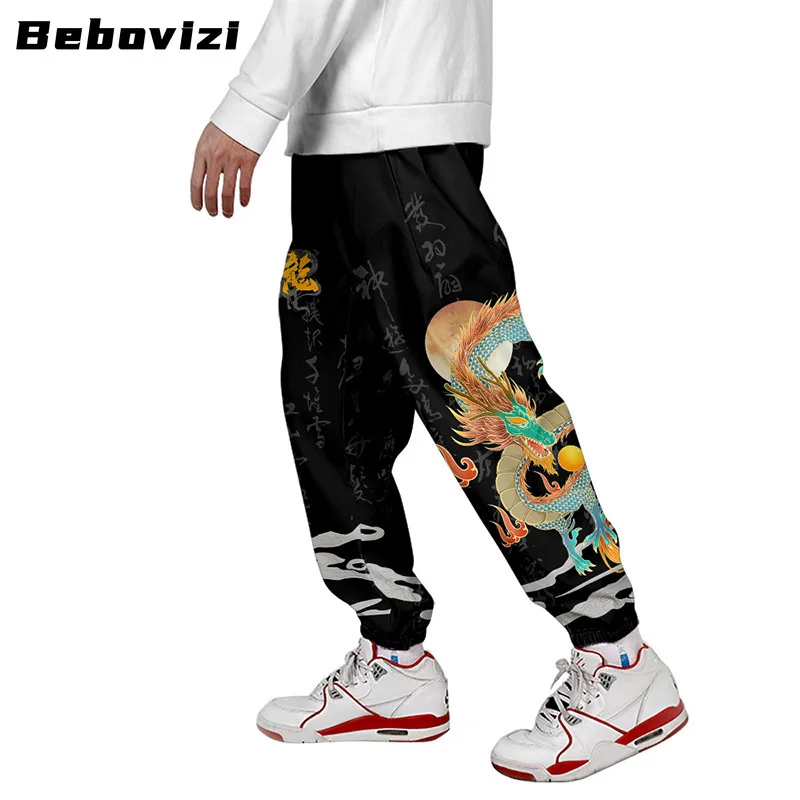 Anime chinês masculino de moletom Dragão, calça preta longa de bolso múltiplo, calça de jogger, moda streetwear, Harajuku