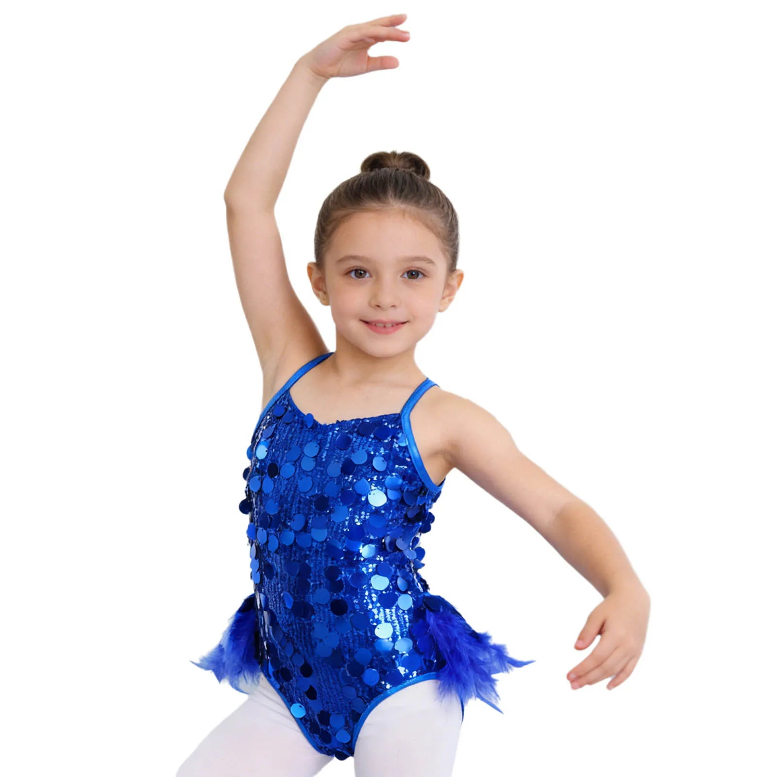 

Kid Girls Shiny Sequin Latin Jazz Dance Bodysuit Sleeveless Feather Tango Salsa Bodysuit Leotard Disco Party Performance Costume