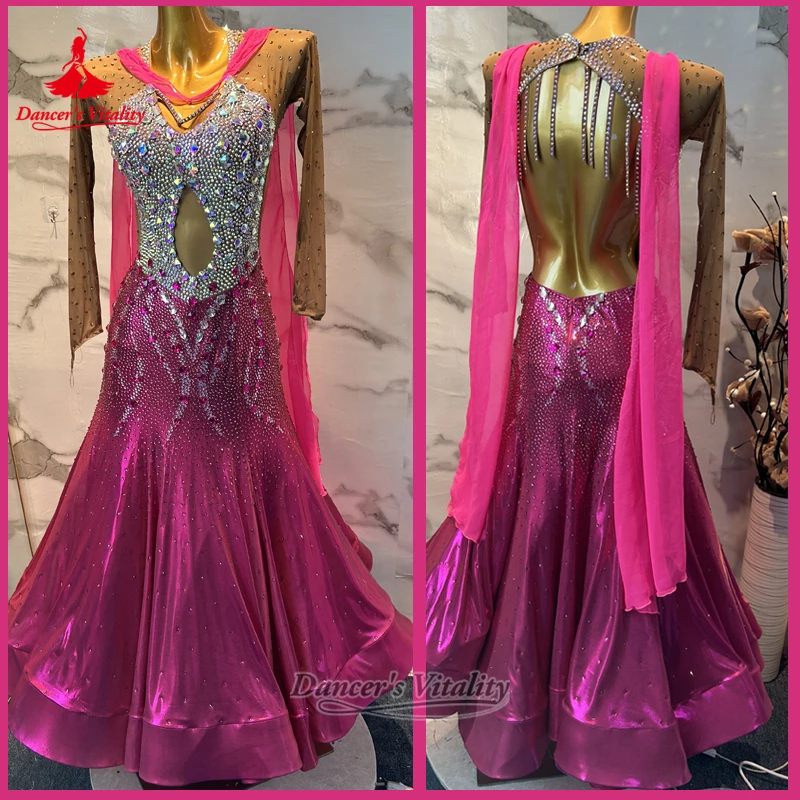 Women Waltz Foxtrot Tango Rose Color Contest&Perform Outfit Dancer's Vitality Ballroom Professional Long Sleeves Dress Customize