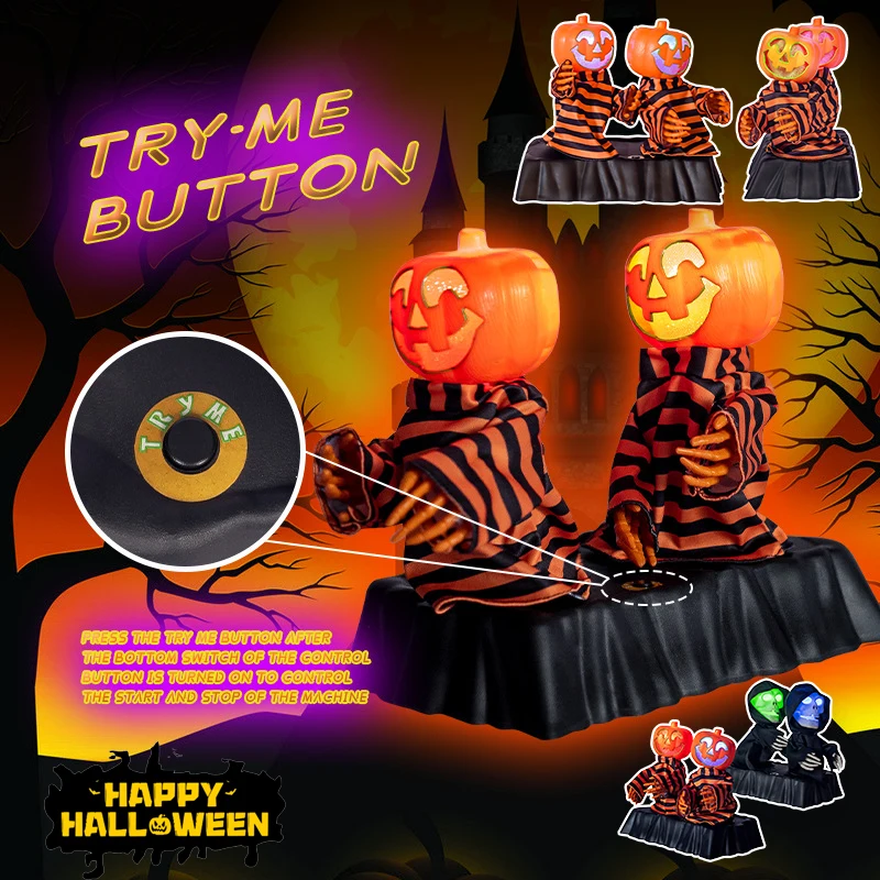 Synchronized Dancing Pumpkin Skeleton Duo Motorized Halloween Animatronic LED Color Fade Sound Effects Yard Terror Tech