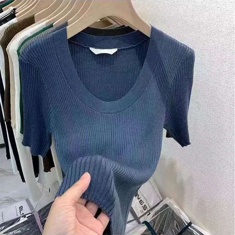 Women\'s T-shirts Knit Top Short Sleeve Black White Knitted Casual Tees Summer Clothes 2024 Basic Tshirts Tee Shirt Femme Tops
