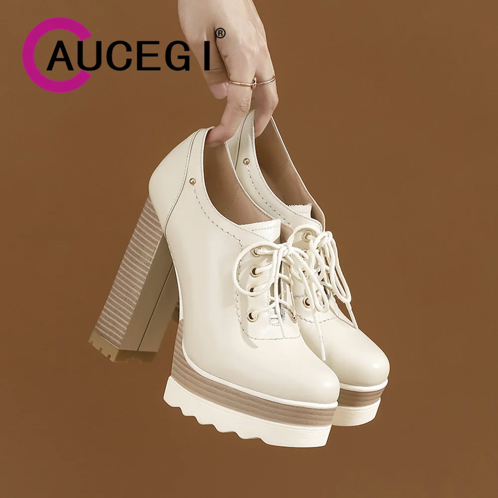 Aucegi Woman Pumps Round Toe 13cm Chunky High Heels Genuine Leather Lace Up Cross-tied Platforms Casual Commuter Shoes Beige