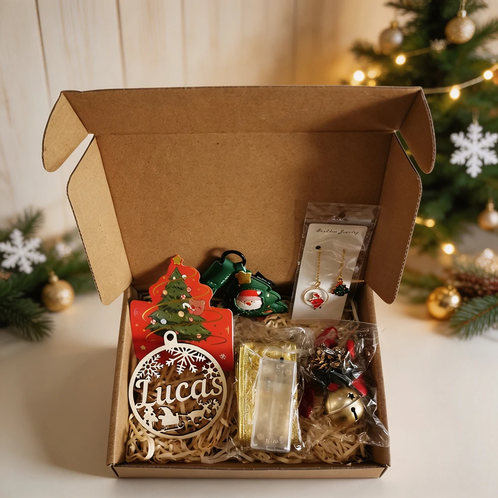Customizable Wooden Christmas Baubles with Personalized Name Gift Set LED Light Strip Xmas Bookmark Keychain Bell Card for Tree