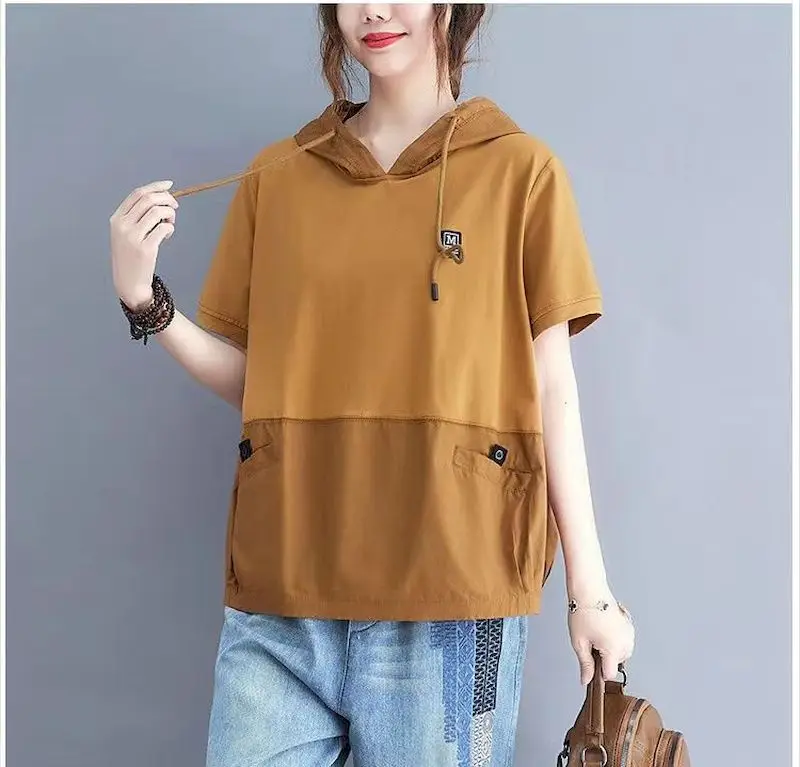 100% Cotton T Shirts Women Casual Vintage Patchwork T-shirt Art Hooded Short Sleeve Tops Summer Trend Loose Oversized Tshirt Y2k