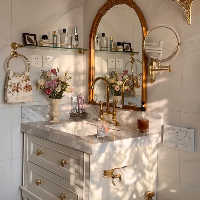 

Light luxury American bathroom cabinet combination natural marble ceramic integrated basin washbasin floor cabinet bathroom