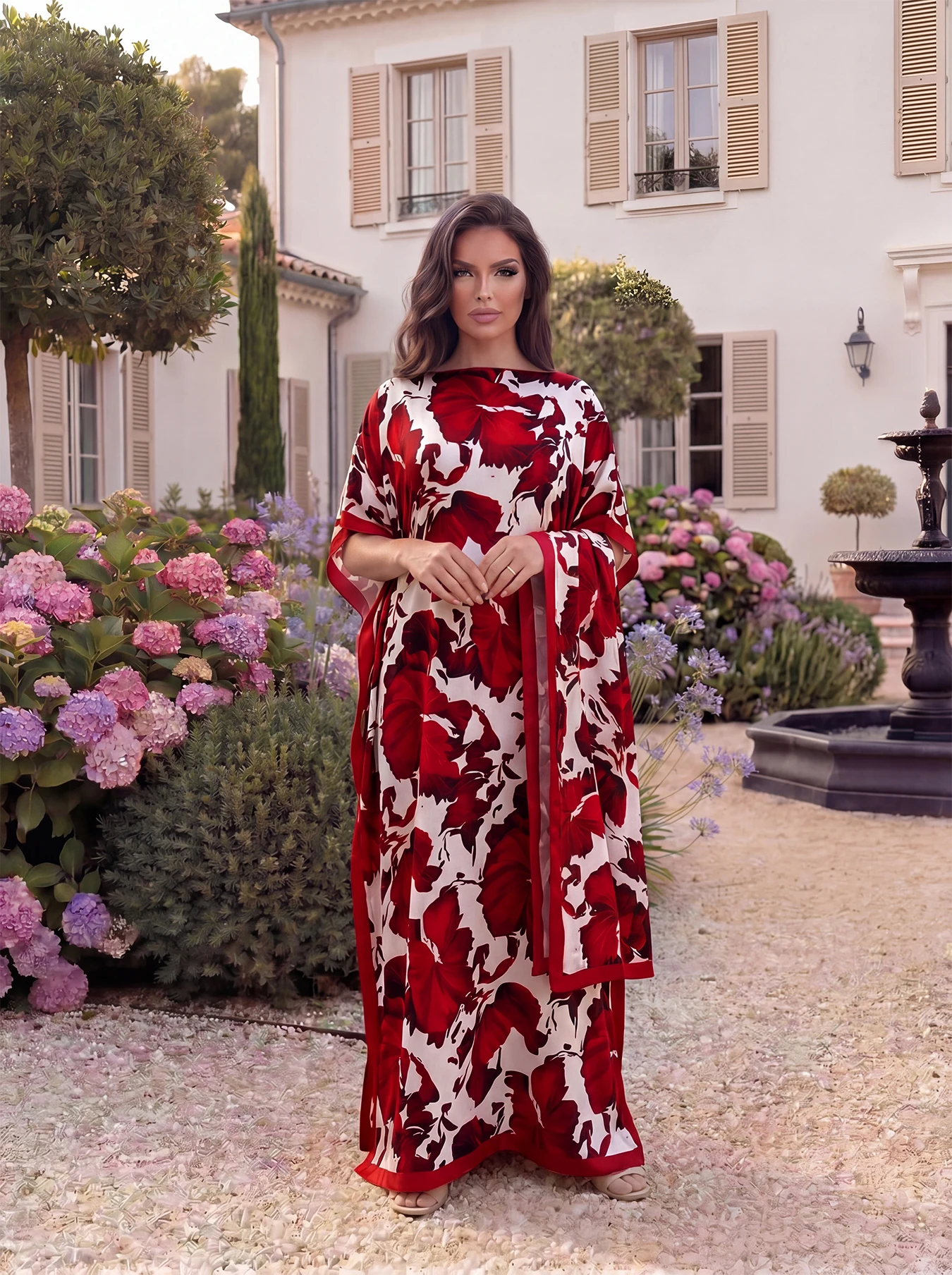 Boho Large Leaf Floral Print Satin Abaya Scarf Set, Loose Batwing Maxi Kaftan For Muslim Women Summer Beach Daily Holiday Wear view 2