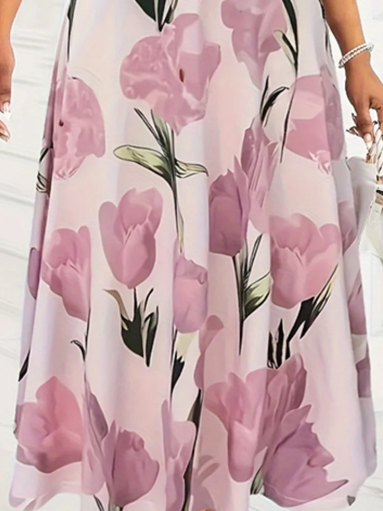 Women Plus Size Dress Set Pink Floral Print Skirt Elegant Fashion 2024 Summer Spring New V-neck Slim Dress + Short Sleeve Coat