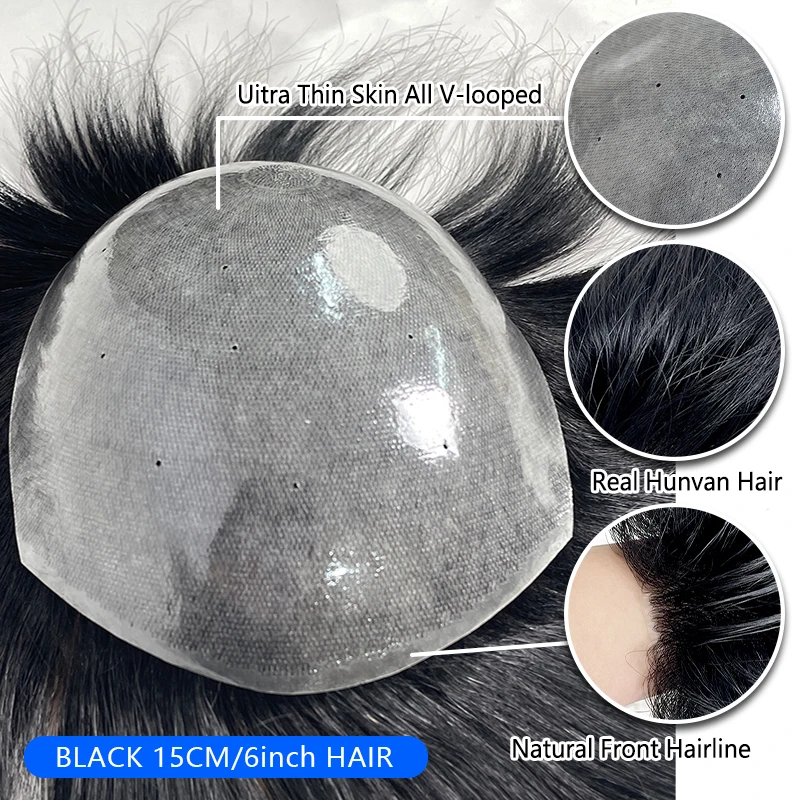 100% Human Hair Full Biological Scalp Prosthesis Toupee Ultra Thin Breathable PU Men Capillary Prothesis Soft Invisible Toppers