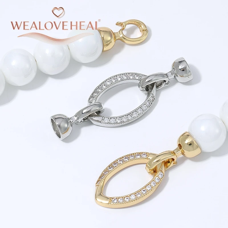18K vergoldeter Messingverschluss mit Zirkonia und Perle, mikrobesetzter ovaler Verbinder für DIY-Armband- und Halsketten-Schmuckherstellung. – Detail 15