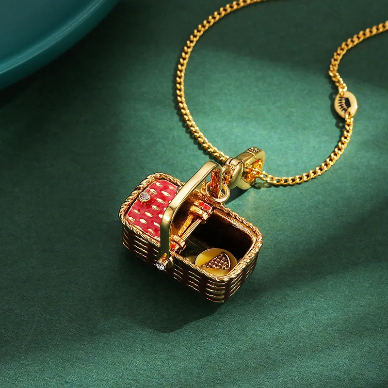 Openable Picnic Basket Pendant Necklace Enamel Glaze Woven Handbag Locket Keychain Bag Charm Trendy Summer Jewelry Gift
