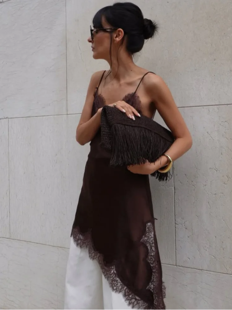 

Chic Satin Lace Spliced Sling Mini Dress Women V-neck Sleeveless Backless Irregular Party Dresses Fashion Summer Y2k Vestidos