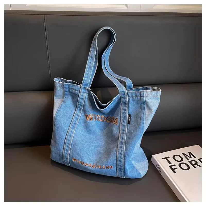 Large Capacity Canvas Shopping Bag Simple Portable Commuting Bag Denim Shoulder Bag