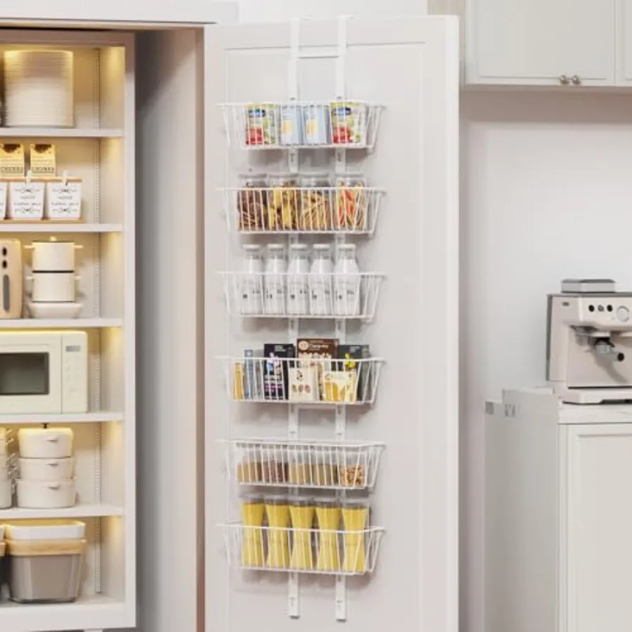 

6 Tier Over the Door Pantry Organizer, Foldable Metal Over the Door Hanging Spice Rack with 6 Baskets, Adjustable Hanging Stora