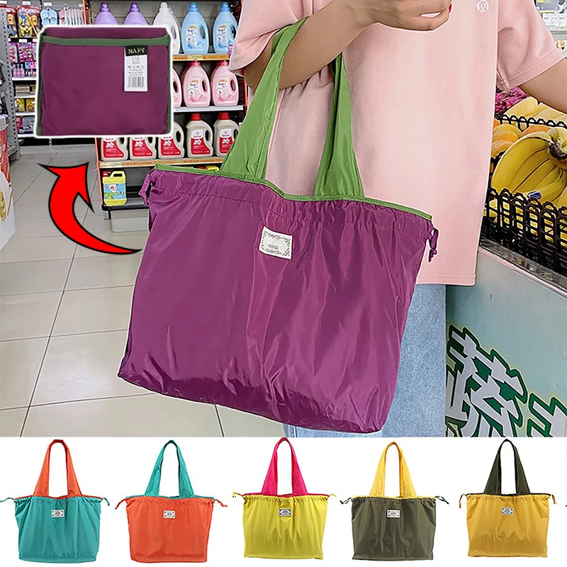 Reusable Shopping Bags for Women Grocery Tote Bag Foldable Oxford Cloth Drawstring Shoulder Bag Grocery Bag Shopping Storage Bag