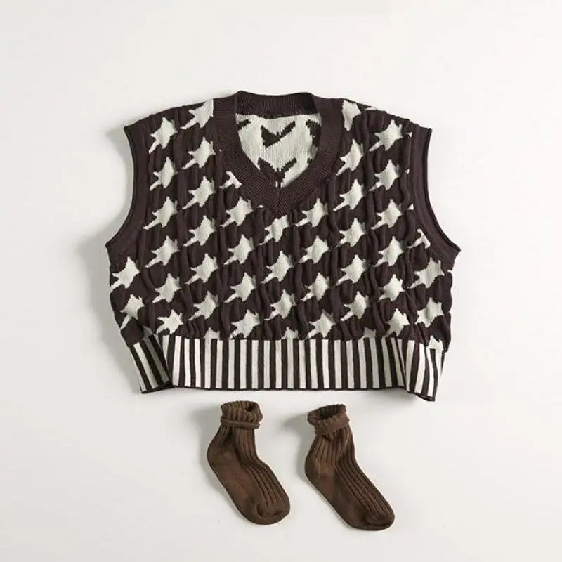 

2024 Autumn New Children Sleeveless Knitted Vest Cotton Boys Girls Casual Knitwear Baby Loose Sweater Vest Kids Clothes