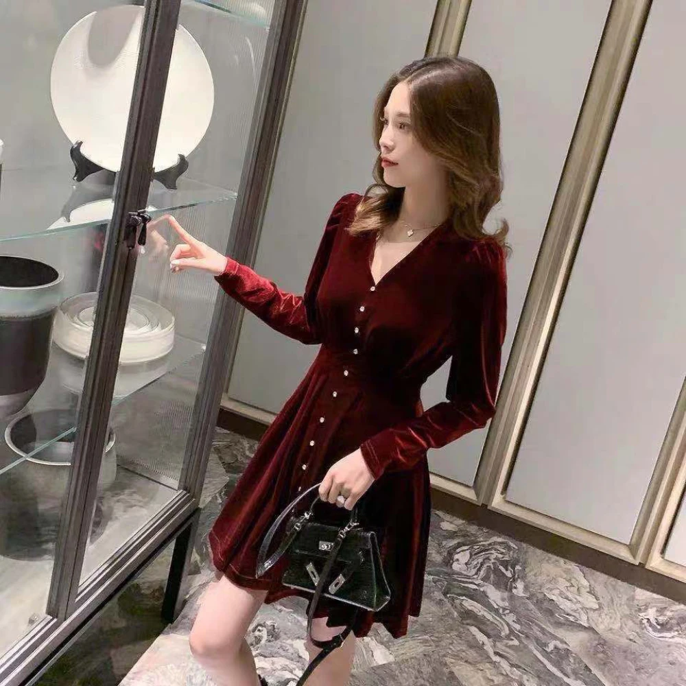 Velvet Dress for Women Autumn Elegant Temperament Velour Solid V-Neck A-Line Long Sleeve Short Office Lady Dresses for 18-24Y