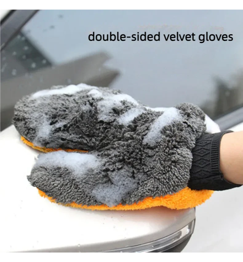 นุ่มถุงมือล้างรถสองด้านขนแกะไมโครไฟเบอร์ Chenille ผ้าแห้งรถหน้าต่างยางทําความสะอาดถุงมือ Thicken