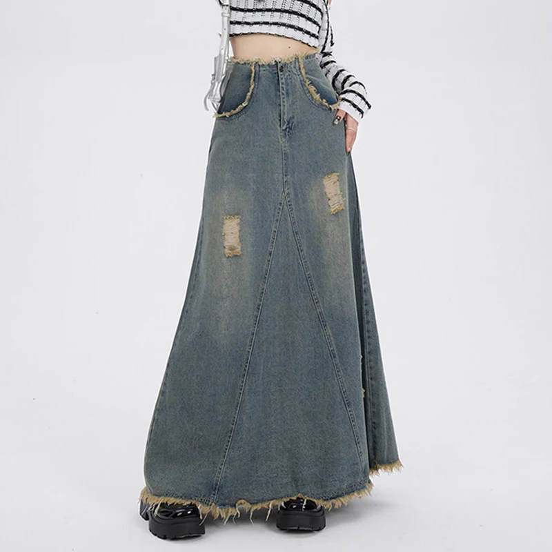 

New Women Spring Summer Vintage Long Denim Skirt Fashion High Waist Ragged Hole A-Line Skirt Casual Loose Ankle-Length Skirt