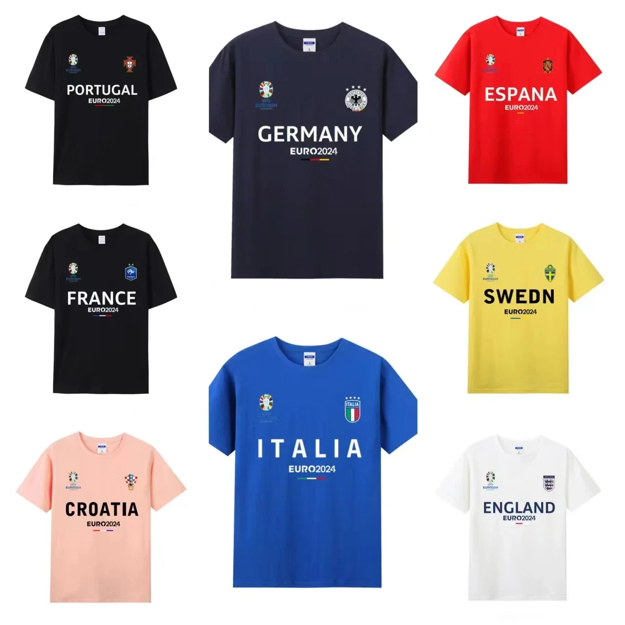 2024 Germany European Cup Belgium Portugal Italy France Netherlands England Spain Fans T-shirt Short Sleeve  Couple Clothes