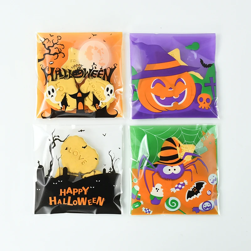 100pcs Halloween Cellophane Bags Happy Halloween Clear Pumpkin Ghost Candy Bags Self-adhesive Plastic Cookies Packaging Bags