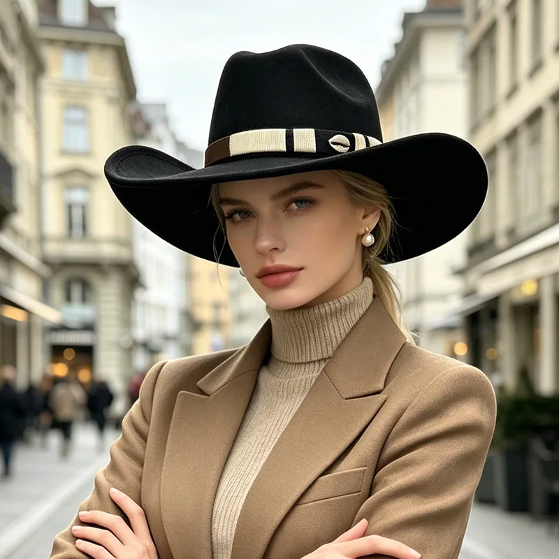 Trendy tassel accessory , outdoor retro-style European and American wide-brimmed , western cowboy hat, high-end business f