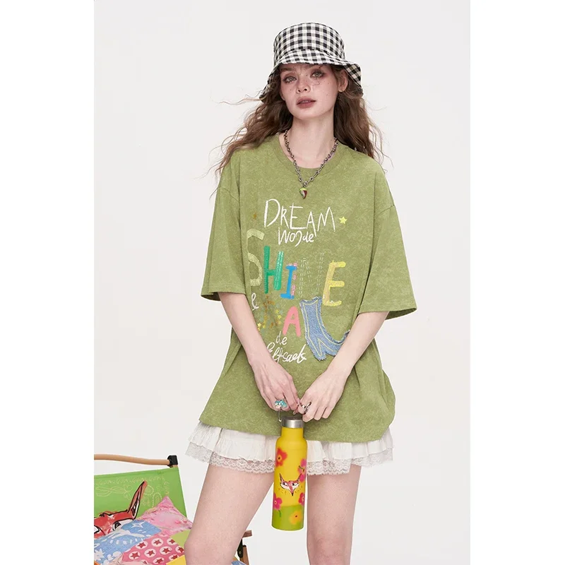 ELFSACK Crew Neck Colorful Letter Denim Patch Short Sleeve Oversized T-Shirt