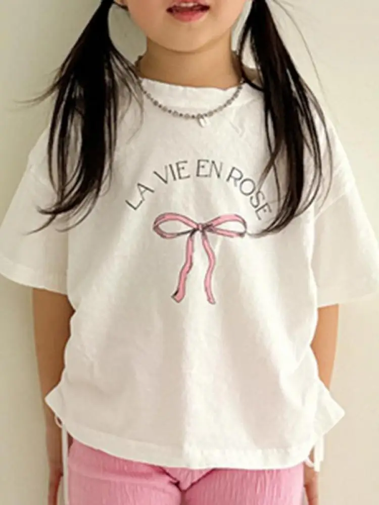 2026 Summer New Girls Casual T Shirts Children Short Sleeve Tops Baby Girl Bow T Shirts Loose Infant Cotton Tee Toddler Clothes