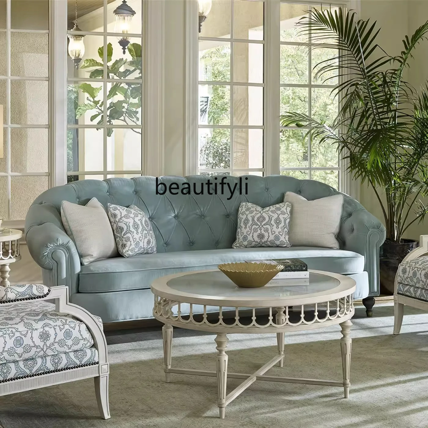 

Modern simple solid wood, fabric sofa, living room single three-person sofa