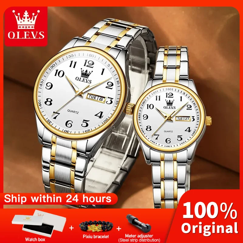 OLEVS 5567 relojes de pareja de lujo Original de moda impermeable Reloj de pulsera de cuarzo luminoso relojes con fecha de día para regalos de pareja Reloj