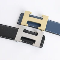 Cinturón H de cintura de marca de diseñador de lujo Vintage para hombre y mujer, correa de vestir de cuero auténtico de alta calidad para pantalones vaqueros, pretina azul
