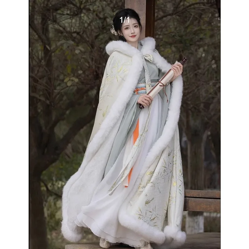 الشتاء Hanfu كيب طويل الشتاء شال القديمة زي معطف سميكة الرأس مع قبعة ملابس خارجية جديدة معطف خارجي فردي عصري