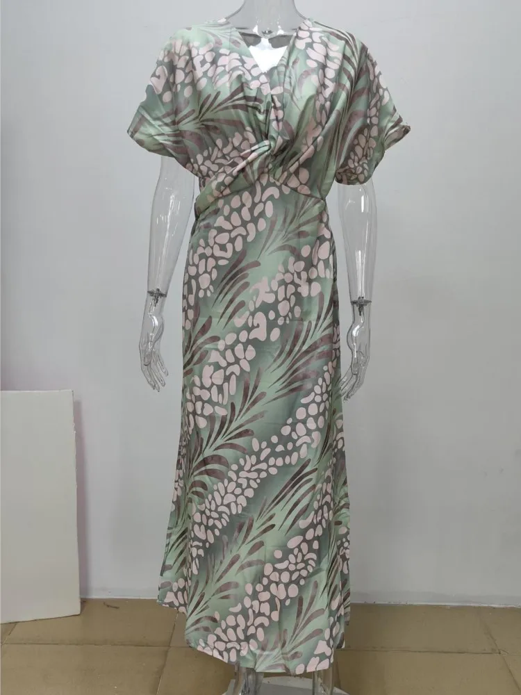 

2025 Spring Bohemian Women New Long Dress Printed V-neck Bandage Skinny Elegant Dresses Female Fashion Sexy Ladies Vestidos Sets