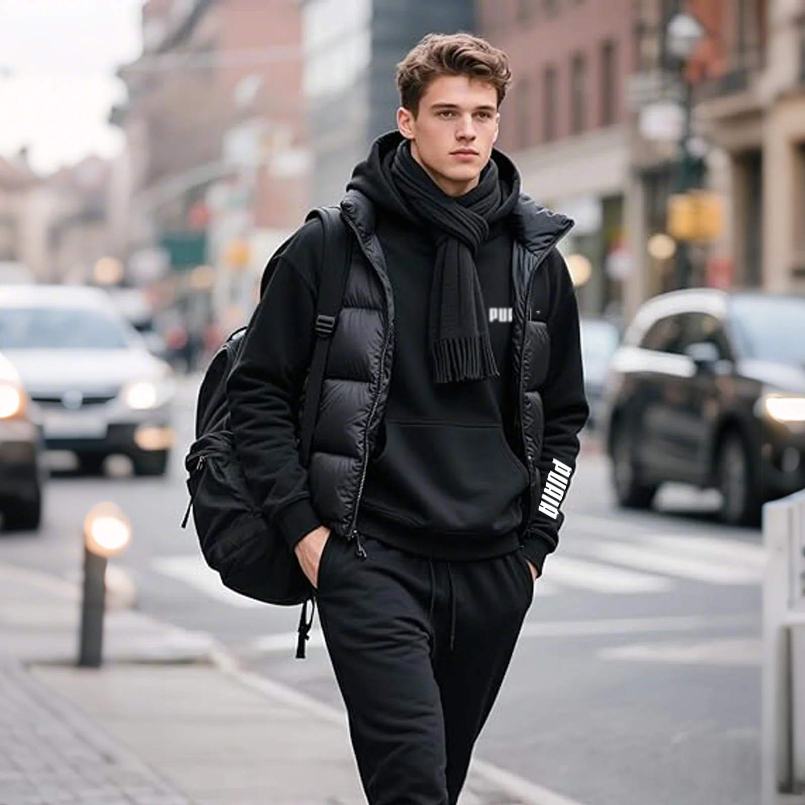 

Men's comfortable sports t-shirt and sweatpants set, sweatshirt with a hood and jogging pants, for indoor and outdoor use. High-